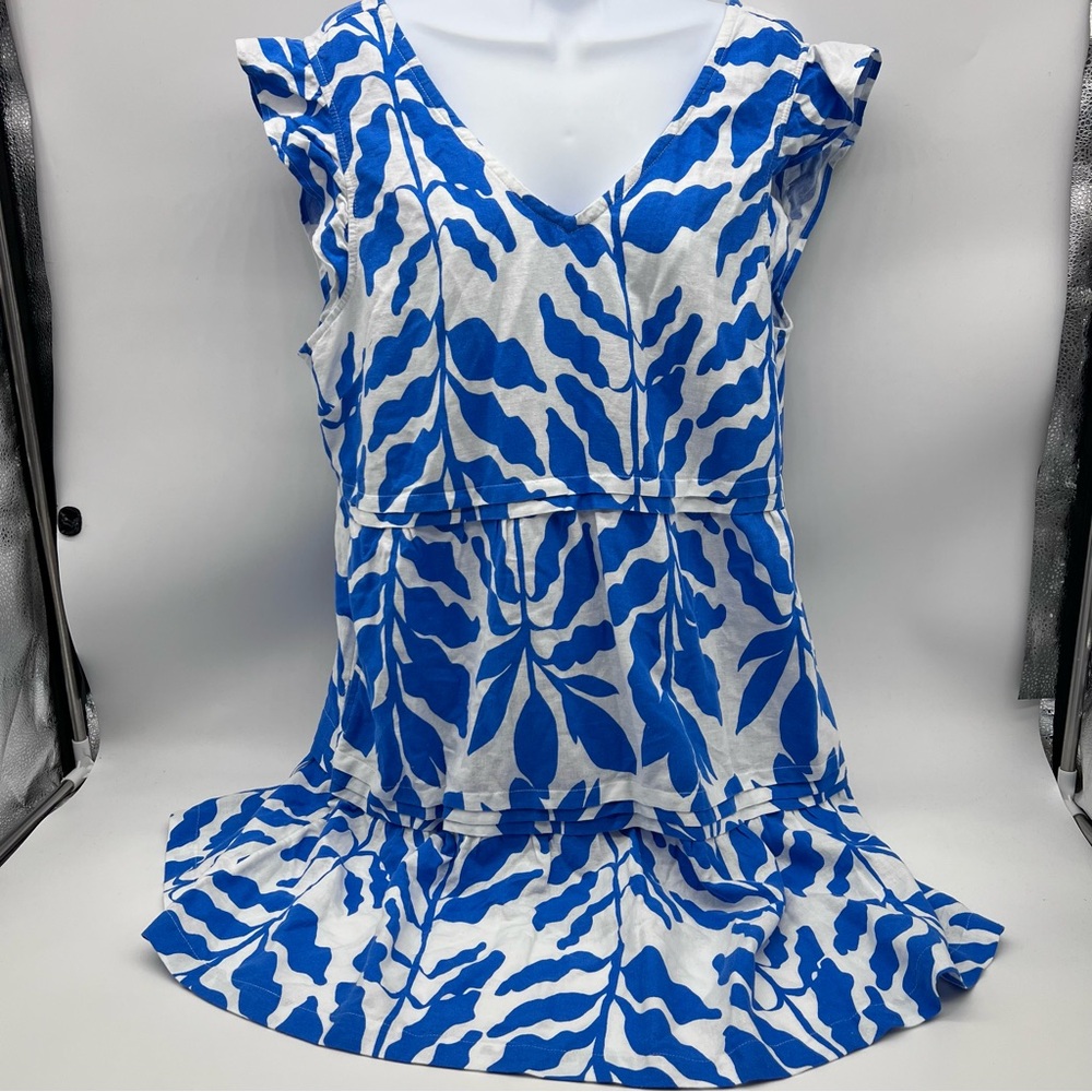 Rachel Zoe Blue Floral on White Dress w/Ruffled Cap Shoulder Linen Blend Size L